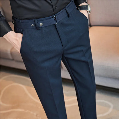 Fashion Belt Decoration Design Men's Suit Pants High Quality Business Slim Fit Casual Straight Formal Wedding Party Trousers