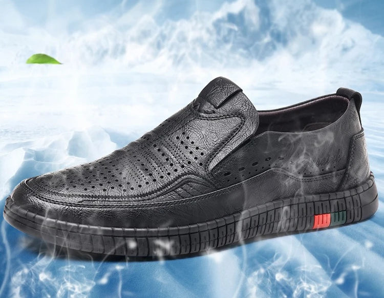 Summer New Breathable Hallow Leather Shoes for Men Solid Color Fashion Casual Driving Shoes Male Low Top Flat Shoes Man