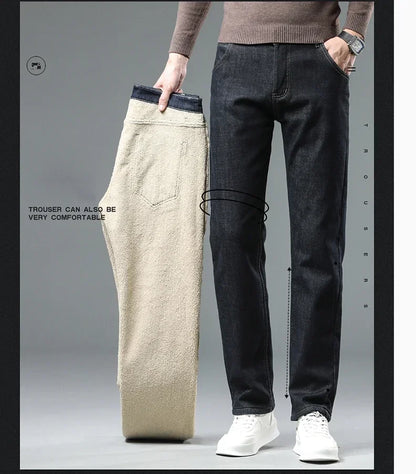 Winter Warm Fleece Jeans Men 2023 Straight Stretch Thick Casual Thermal Denim Pants Male Business Work Trousers New Men Clothing