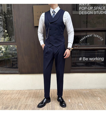 ( Vest + Pants) Men Luxury Double Breasted Design Suit Vest 2 pieces Formal Groom Wedding Dress Vest Set Fashion Club Clothing