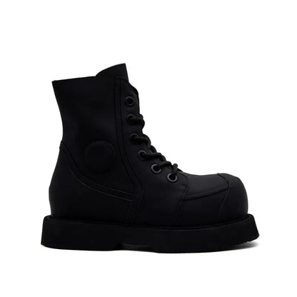 High Street Mens Round Tote High Top Cowhide Genuine Leather Ankle Boots Punk Style Stage Show Shoes Platform Work Safty Shoes