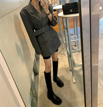 Ele Stripe Loose Faionable Suit Jaet with Belt Hong Kong Sle Retro Chic Top Women's Busin Casual Outerwear