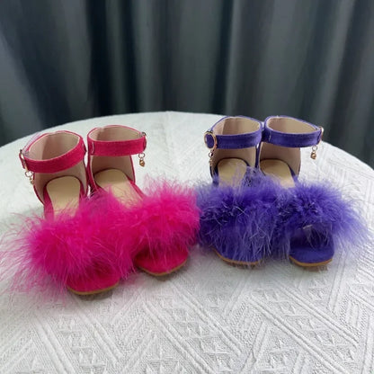 New Girls Low-heels Sandals Summer Fluffy Kids Princess Catwalk Shoes Open-toe Versatile Children Fashion Wedding Party Sandals