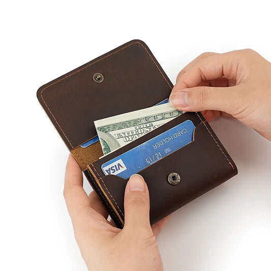 Porte-cartes en cuir Crazy Horse, cuir de vachette pleine fleur, bouton-pression, porte-monnaie multifonctionnel en cuir véritable, étui pour cartes de crédit RFID