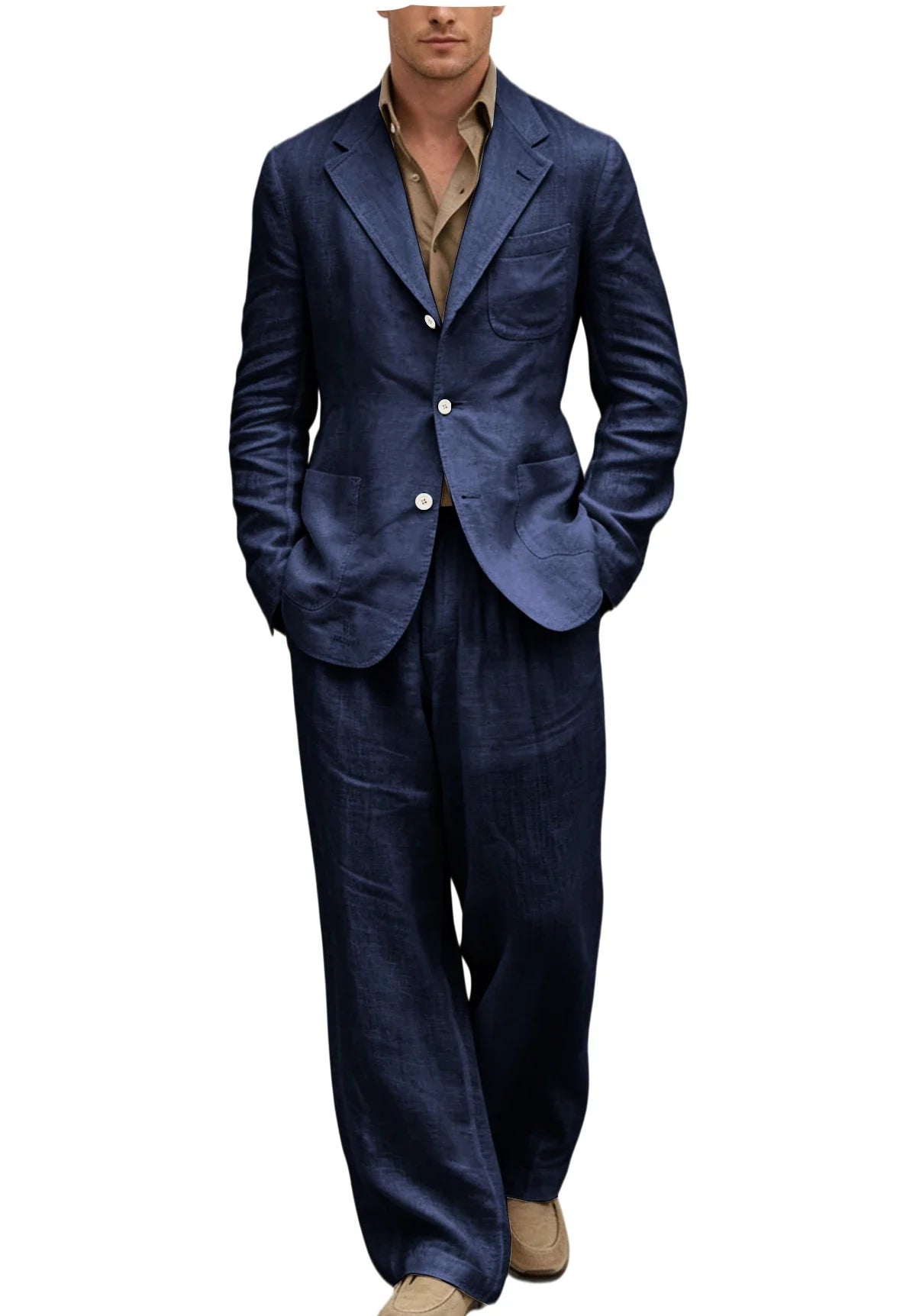 Men's Linen Suit 2 Pieces Set Casual Blazer & Wide Leg Pants Notch Lapel Breathable Wedding Business Party Jacket Tuxedo Summer