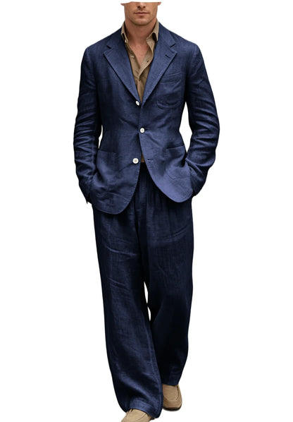 Men's Linen Suit 2 Pieces Set Casual Blazer & Wide Leg Pants Notch Lapel Breathable Wedding Business Party Jacket Tuxedo Summer