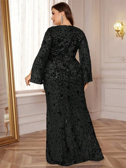 Plus Size Luxury Gold Evening Dresses Women 2024 Long Sleeve Mermaid Formal Sequins Prom Wedding Party Cocktail Gowns