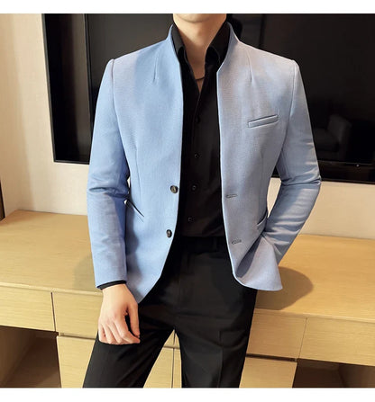 New Waffle Chinese Stand-Up Collar Blazers Men Slim Fit Business Casual Fashion Suits Jacket Formal Social Prom Party Tuxedos
