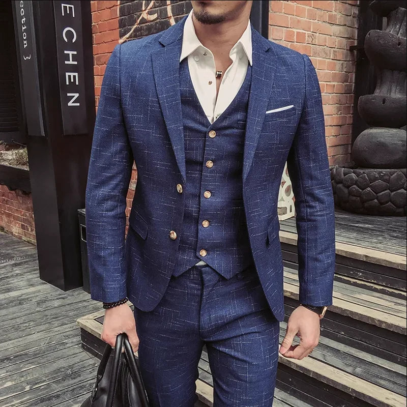 High Quality Slim-fit Men's Three-piece Suit with Vest And Trousers - Double Buckle Wedding Art Fabric Tough Man Suit