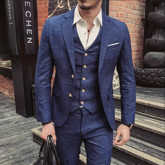 High Quality Slim-fit Men's Three-piece Suit with Vest And Trousers - Double Buckle Wedding Art Fabric Tough Man Suit