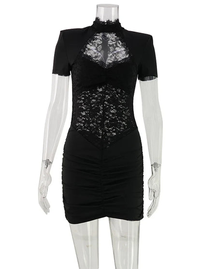 Lace Patchwork Hollow Out Women Dresses Short Sleeve Hip Wrap Sheath Trendy Hot Girl Sexy Club Outfits Female Bodycon