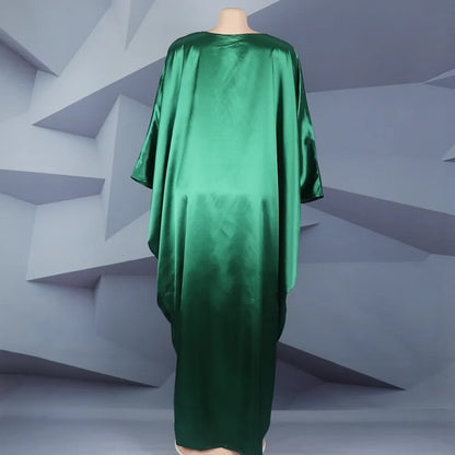 Fashion African Woman Large Size Bat Sleeve Dress Muslim Islamic Style Robe Imitation Silk Hot Fix Rhinestone
