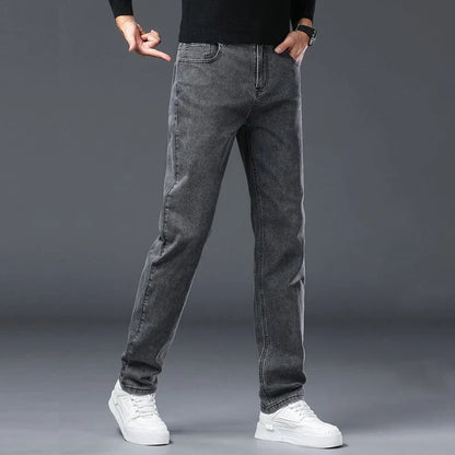 Men's Slim Jeans Korean Fashion Elastic Straight Casual Denim Pants Comfortable Work Male Spring Autumn Trousers Black Gray