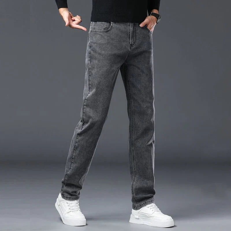 Spring New Men's Slim Fit Elastic Jeans Fashion Gray Comfortable Casual Denim Pants Korean Business Work Straight Black Trousers