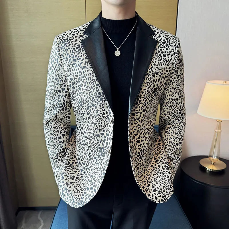 Splicing Leather Neck Casual Suit Jacket Fashion Leopard Men's Business Slim Fit Social Formal Blazers Wedding Groom Tuxedos