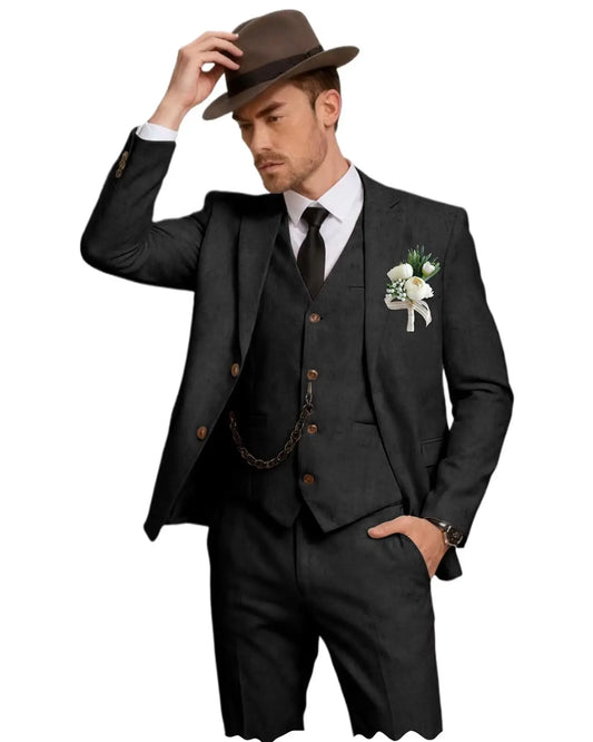 Men's 3 Piece Linen Suit, Slim Fit Notch Lapel Single Breasted Blazer Vest Pants Set Breathable Casual Business Wedding Suit