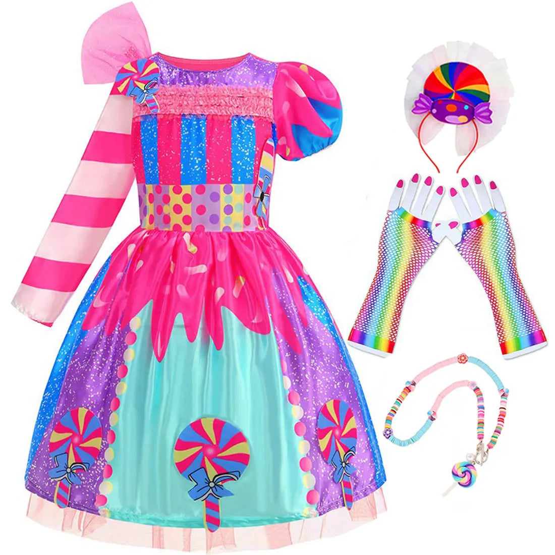 Purim Girls Rainbow Vestidos Candy Fairy Lollipop Cosplay Costume Toddler Girls Birthday Party Carnival Long Short Sleeves Dress