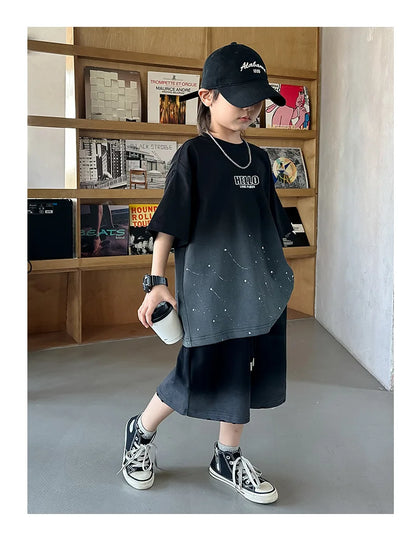 Summer Boys Cotton Leisure Star Print Gradient T-Shirt Top+Shorts Workout Set School Kids 2PCS Tracksuit Children Outfit 5-16 Yr
