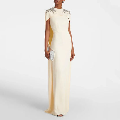 O Neck Evening Gown For Wedding Sheath Formal Party Dress Short Sleeves Saudi Dress Floor Length Beading Prom Dress With Float