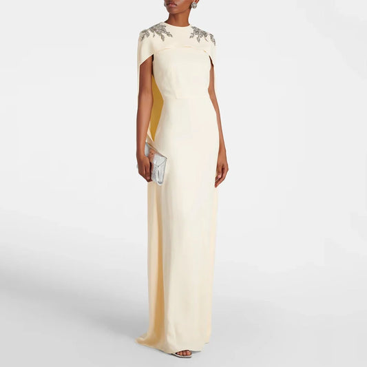 O Neck Evening Gown For Wedding Sheath Formal Party Dress Short Sleeves Saudi Dress Floor Length Beading Prom Dress With Float