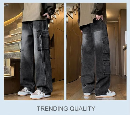 Autumn New Men's Loose Jeans Multi-pocket Work-wearing Jeans Street Hip-hop Straight Wide-leg Pants Baggy Dance Pants