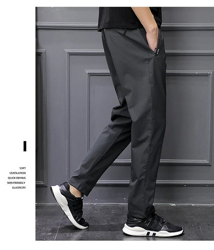 Men's Summer Cargo Pants Big Size Ice Silk Stretch Breathable Straight Leg Pants Quick Dry Elastic Lightweight Long Trousers