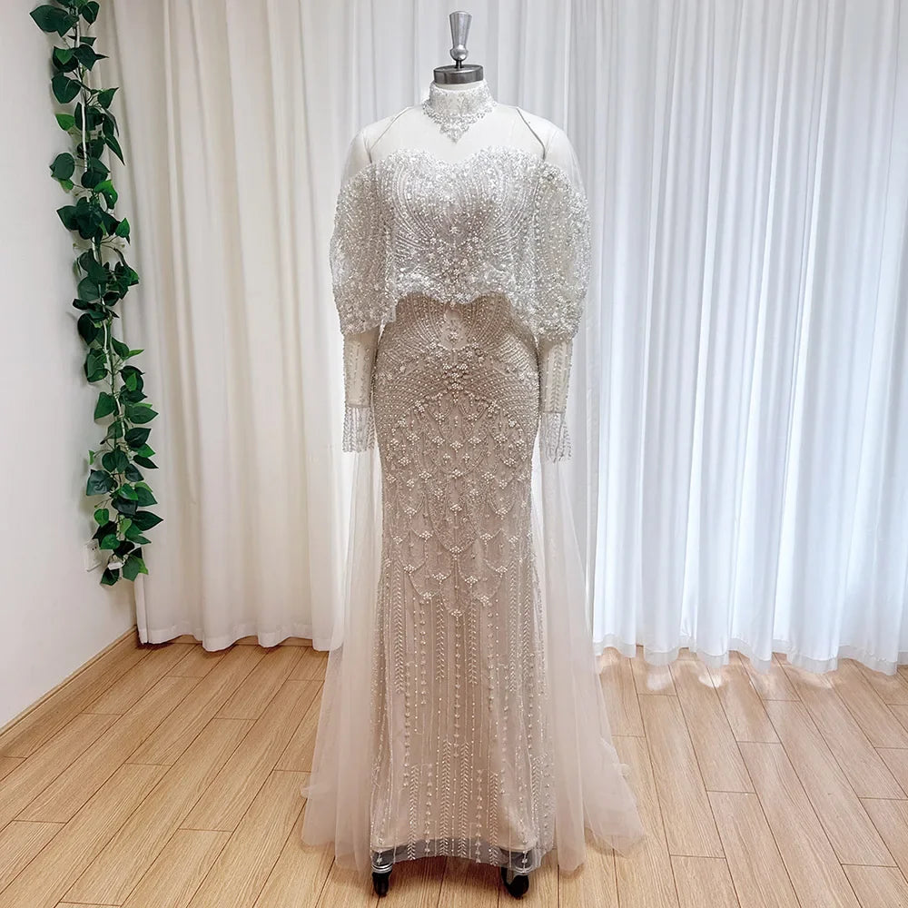 Beaded Mermaid Evening Dress for Women 2026 Elegant High Neck Long Sleeves for Women Wedding Party Gown Customized