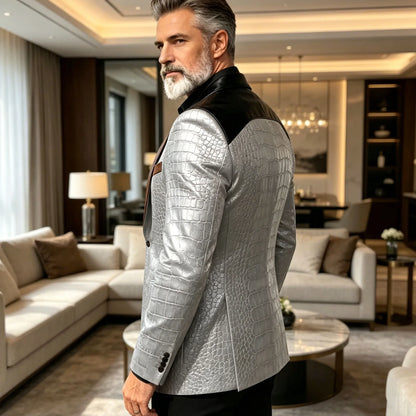 Men's Crocodile Embossed Leather Blazer Luxury Patchwork PU Leather Suit Jacket Slim Fit Peaked Lapel Casual Business Outerwear