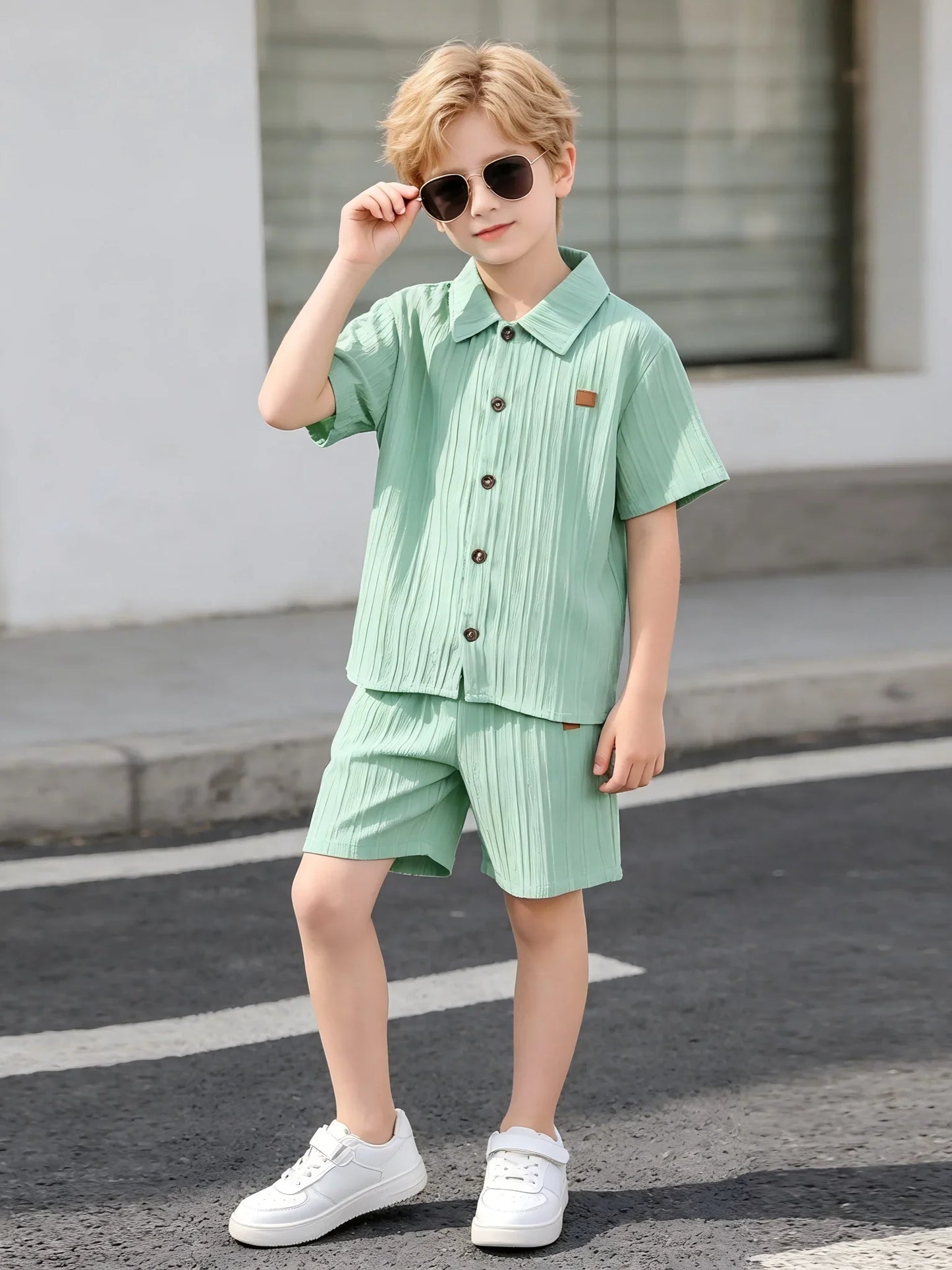 Boys Big Size Shirt Shorts Set Vertical Stripes Pattern Summer Outdoor Casual Outfit Children's Clothing