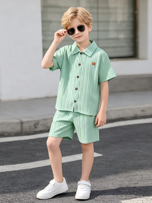 Boys Big Size Shirt Shorts Set Vertical Stripes Pattern Summer Outdoor Casual Outfit Children's Clothing