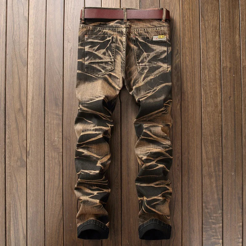 2026 Men's Fashion Vintage Jeans Slim Straight Leg Tie Dye Pleated Biker Denim Pants Male Casual Pants Oversized 42 High Quality