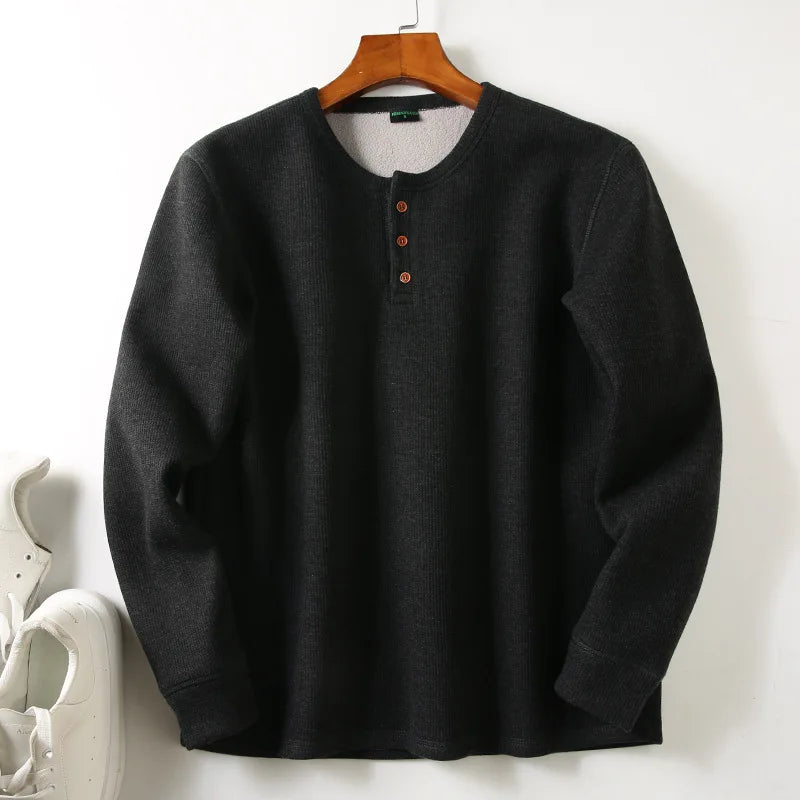 Men's Fleece - Lined Thickened Long - Sleeved Henley Neck Waffle Knit T - Shirt
