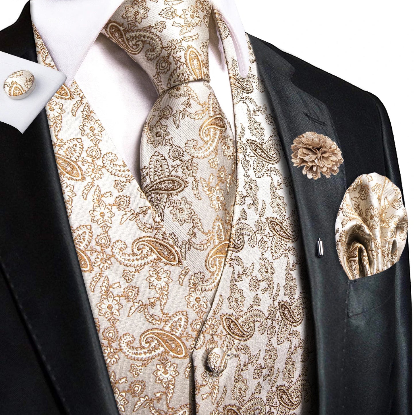 High Quality Silk Mens Vests Champagne Paisley Waistcoat Neck Tie Hanky Cufflinks Brooch Set for Men Suit Wedding Office