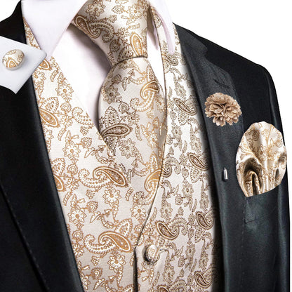 High Quality Silk Mens Vests Champagne Paisley Waistcoat Neck Tie Hanky Cufflinks Brooch Set for Men Suit Wedding Office