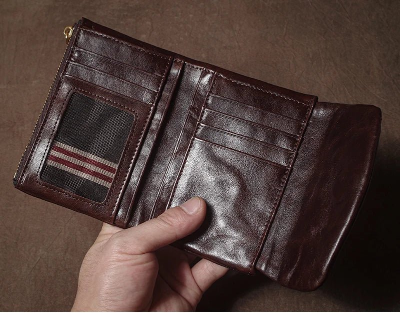 Vintage Genuine Leather Trifold Wallet for Men Women Zipper Coin Purse Driver License ID Credit Card Luxury Cowhide Wallet