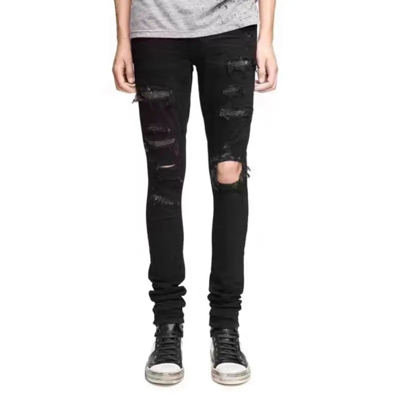 Korean Fashion Jeans Men's Black Ruffian Handsome Trendy Brand Hot Diamond Ripped Beggar Slim Spring Autumn Elastic Casual Pants