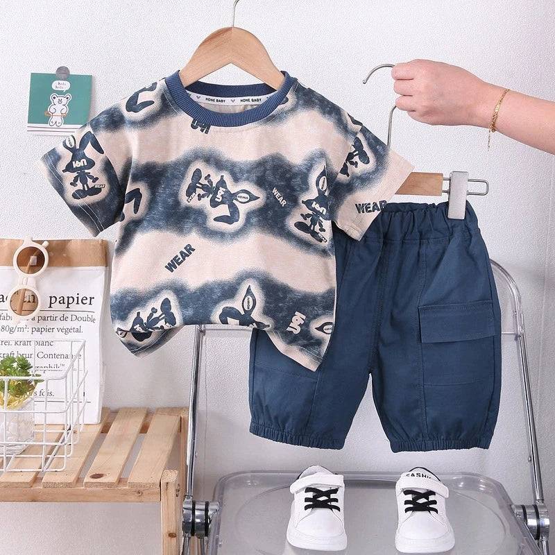 New Summer Kids Boy's Clothes Suits Children Blue Cartoon T Shirt Shorts 2Pcs/Set Casual Toddler Baby Tracksuits 0-5 Years