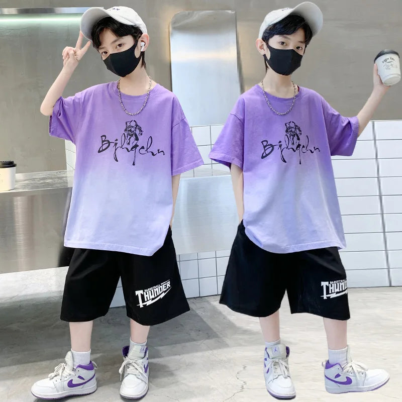 Kids Boy New Summer Suit Tie Dye T-shirt + Cargo Shorts 2 Pieces Tracksuit for Teens Child Shorts Sleeve Clothing Set Age 4 - 14