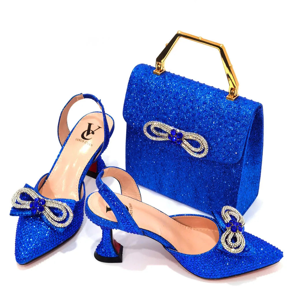 The Latest INS Style Rhinestone Bow Side Empty Party High Heels Pointed Toe Stiletto Heels Silver Women's Shoes And Bags