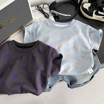 0-5Years New Baby Boys Girls Summer Clothes Multi Symbol Hot Dye T-shirt Denim Shorts 2pcs/sets Children Clothing Tracksuits Set