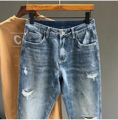 New Men's Ripped Jeans Personality Fashion Tapered Hole Frayed Denim Trousers Streetwear Casual Vintage Blue Pants Male Clothes