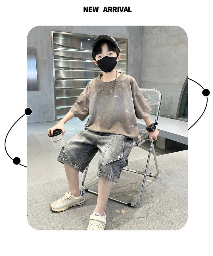Luxury Children Fashion Summer Set for Boy Cotton Outfit Suit T-shirt Shorts Clothing Kids Street Top And Bottom 2 Pieces Suit