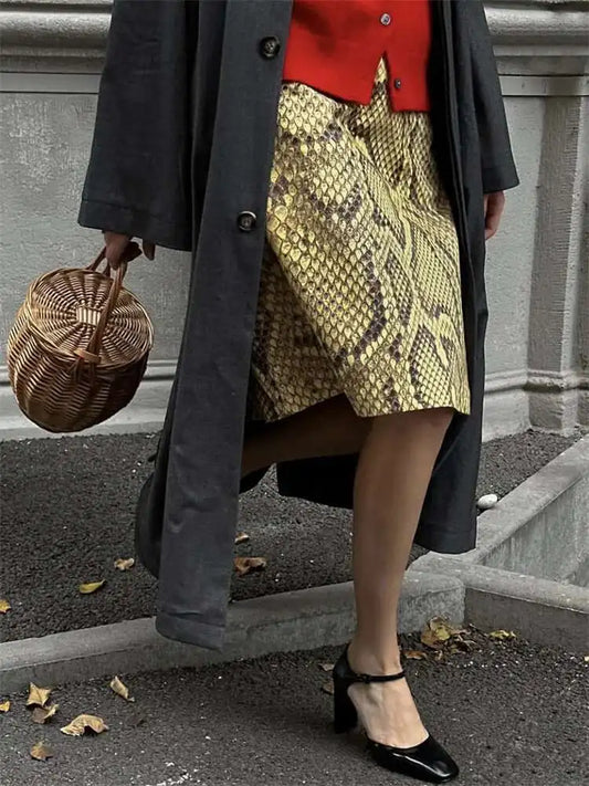 Snakeskin Printed Fashion Skirt Women's High Waist Slim Contrast Patchwork Commute Streetwear Female Vintage Y2k Skirt DDX8