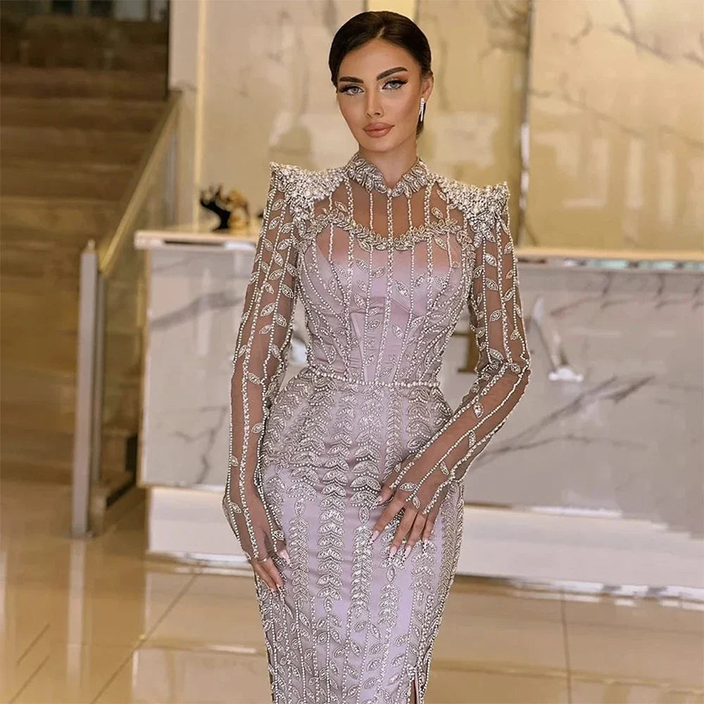 Luxury Dresses for Party Satin Sheath/Column Celebrity Dress Taro Pur High Collar Beads Side Split Evening Dress Long 2025