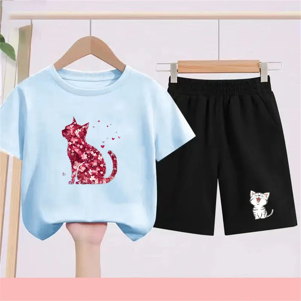 Summer Age 3-12 Girls boy cool breathable Tshirt Children T-shirt+bottom wear Set black 2pcs leisure Kids Set cat Print