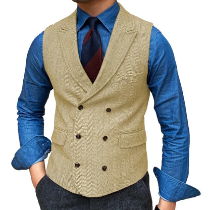Men Vest Brown Herringbone With Lapel Waistcoat Vintage Regular Slim Business Banquet Business Casual Men Suit Vest