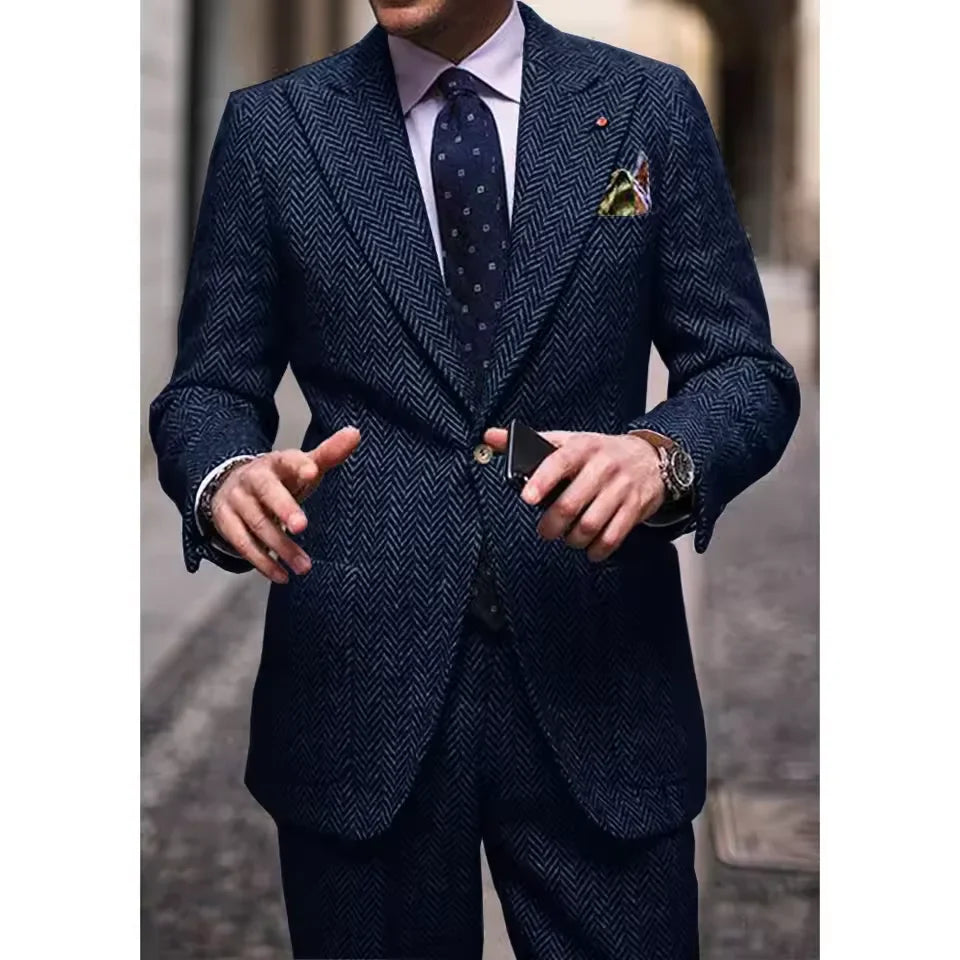 Men's Herringbone Two-Piece Suit Notch Lapel Single-Breasted Slim Fit Comfortable Waist Casual Elegant Business Suit Set Formal