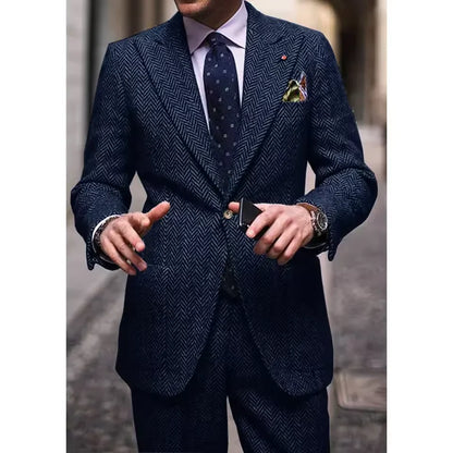 Men's Herringbone Two-Piece Suit Notch Lapel Single-Breasted Slim Fit Comfortable Waist Casual Elegant Business Suit Set Formal