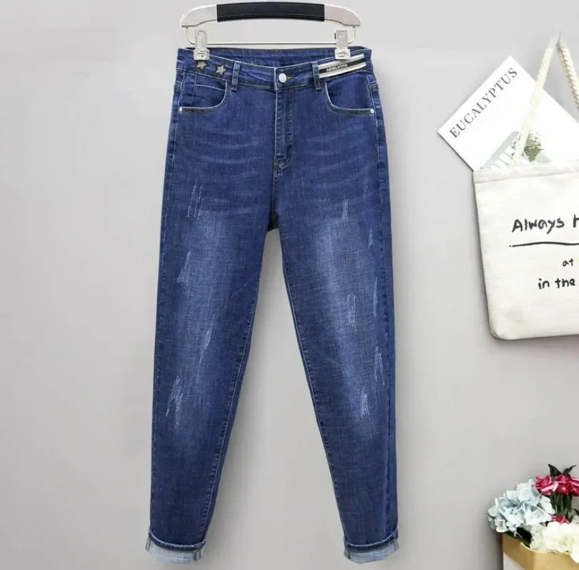XL-6XL Spring Autumn Large Size Jeans Woman High Waist Baggy Jeans for Women Elastic Cotton Denim Harem Pants Mom Jeans