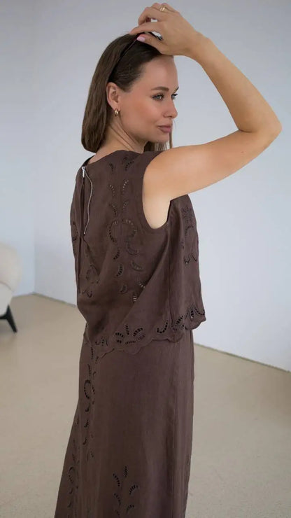 Summer Women Linen Two Piece Set Cut-Out Embroidered Sleeveless Top Midi Skirt Boho Beach Vacation Style